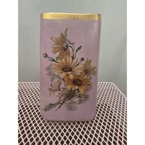 Vtg 1969 Pink Satin Yellow Daisy 7" Vase With Gold Trim